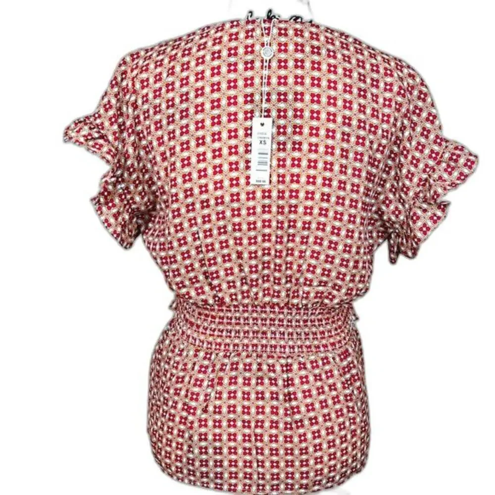 Max Studio red top  geometric flutter sleeve smock waist  front tie size XS boho